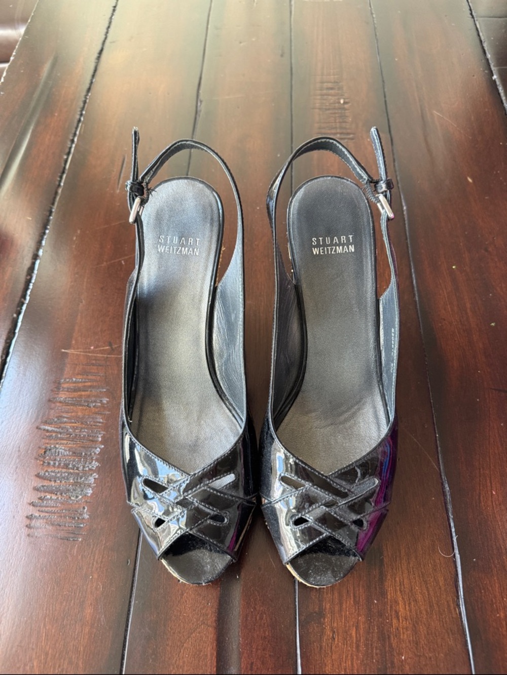 Stuart Weitzman Black Patent Leather Slingback Peep-Toe Heels with Cutout Detail